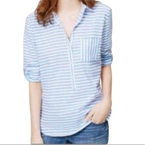 Ann Taylor Loft The Softened Shirt blue white stripes linen blend